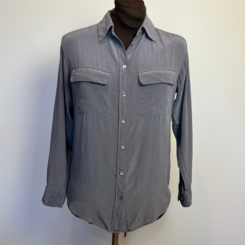 Equipment Femme Signature Silk Shirt XS Gray Button Up Utility Pocket 100% Silk